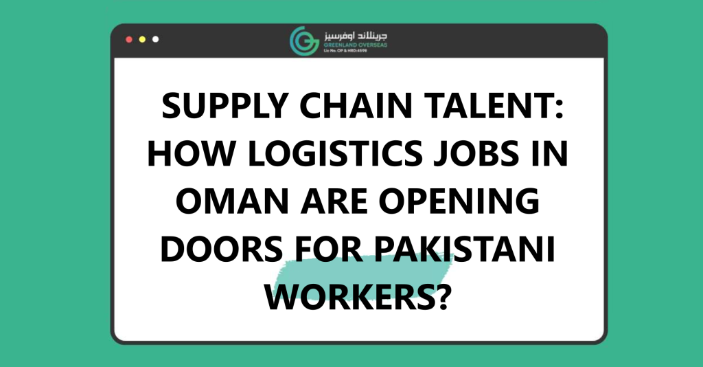 Pakistani logistics workers handling warehouse operations in Oman, showcasing supply chain activities including inventory management, forklift use, and freight coordination for overseas job opportunities