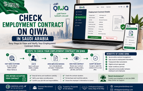 Employee checking employment contract online through the QIWA platform in Saudi Arabia.