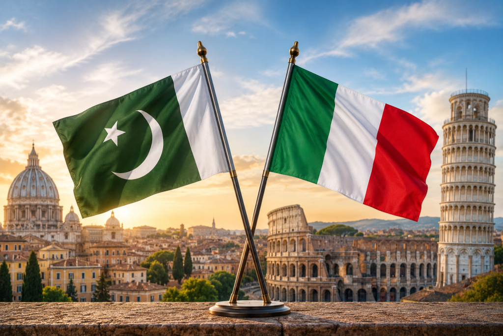 Pakistan and Italy flags with iconic Italian landmarks representing manpower recruitment and employment opportunities between Pakistan and Italy.