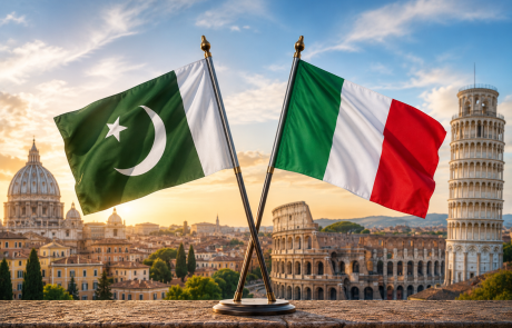 Pakistan and Italy flags with iconic Italian landmarks representing manpower recruitment and employment opportunities between Pakistan and Italy.