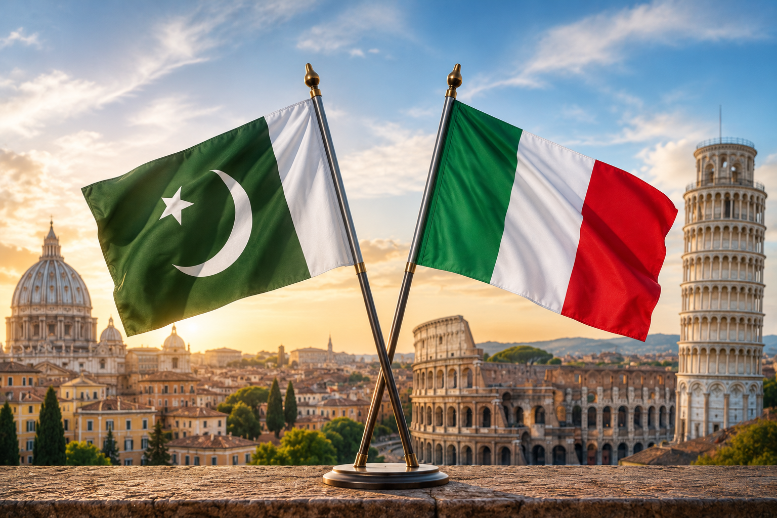 Pakistan and Italy flags with iconic Italian landmarks representing manpower recruitment and employment opportunities between Pakistan and Italy.