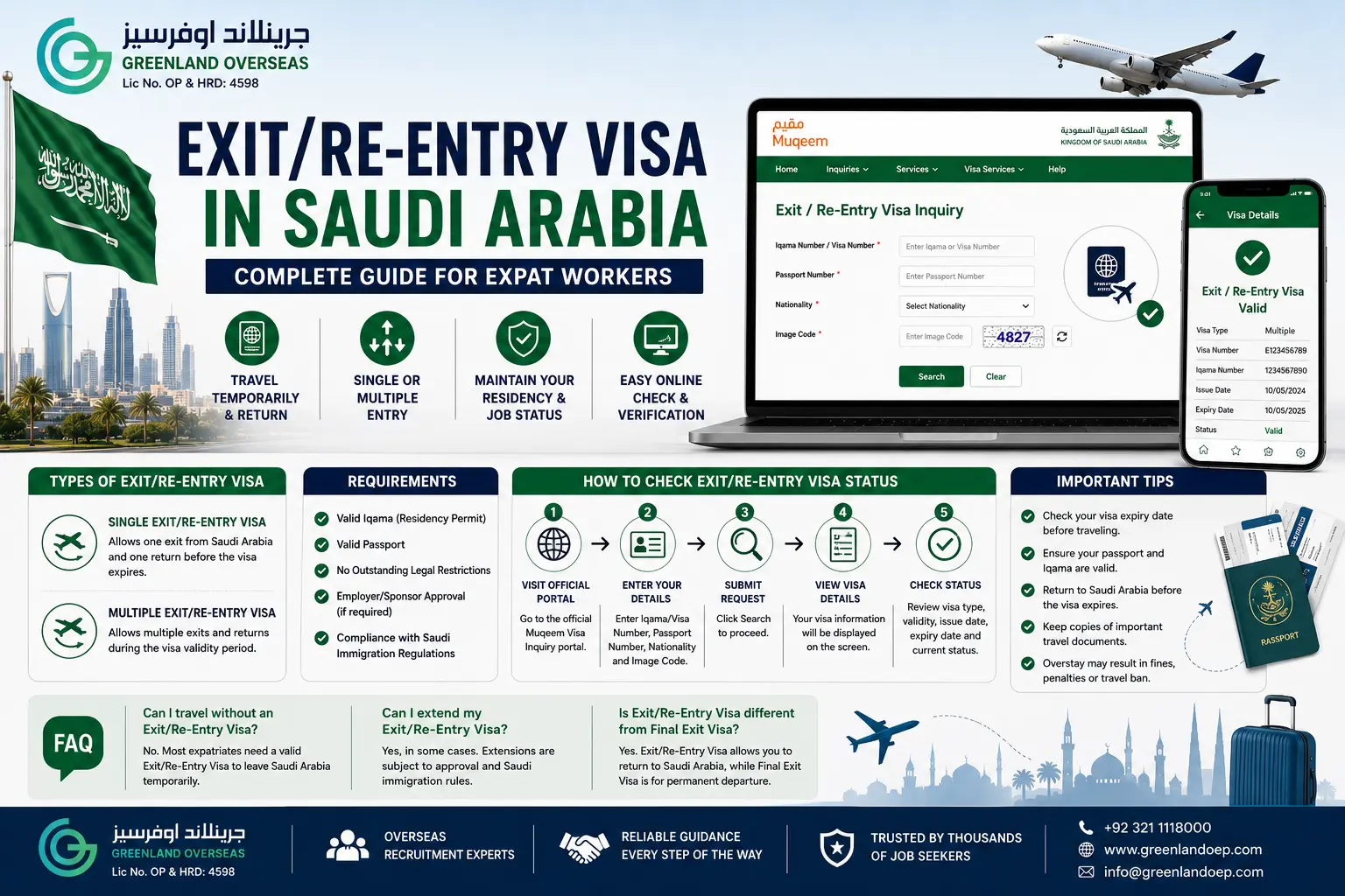Expatriate worker checking Exit/Re-Entry Visa status online in Saudi Arabia.