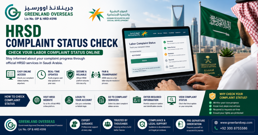 Employee checking HRSD labor complaint status online in Saudi Arabia.