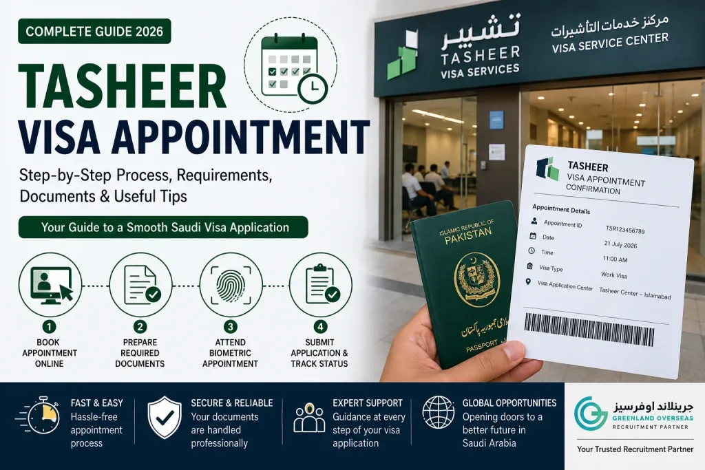 Tasheer visa appointment process showing online booking, document submission, biometric verification, and Saudi visa application steps for applicants from Pakistan.