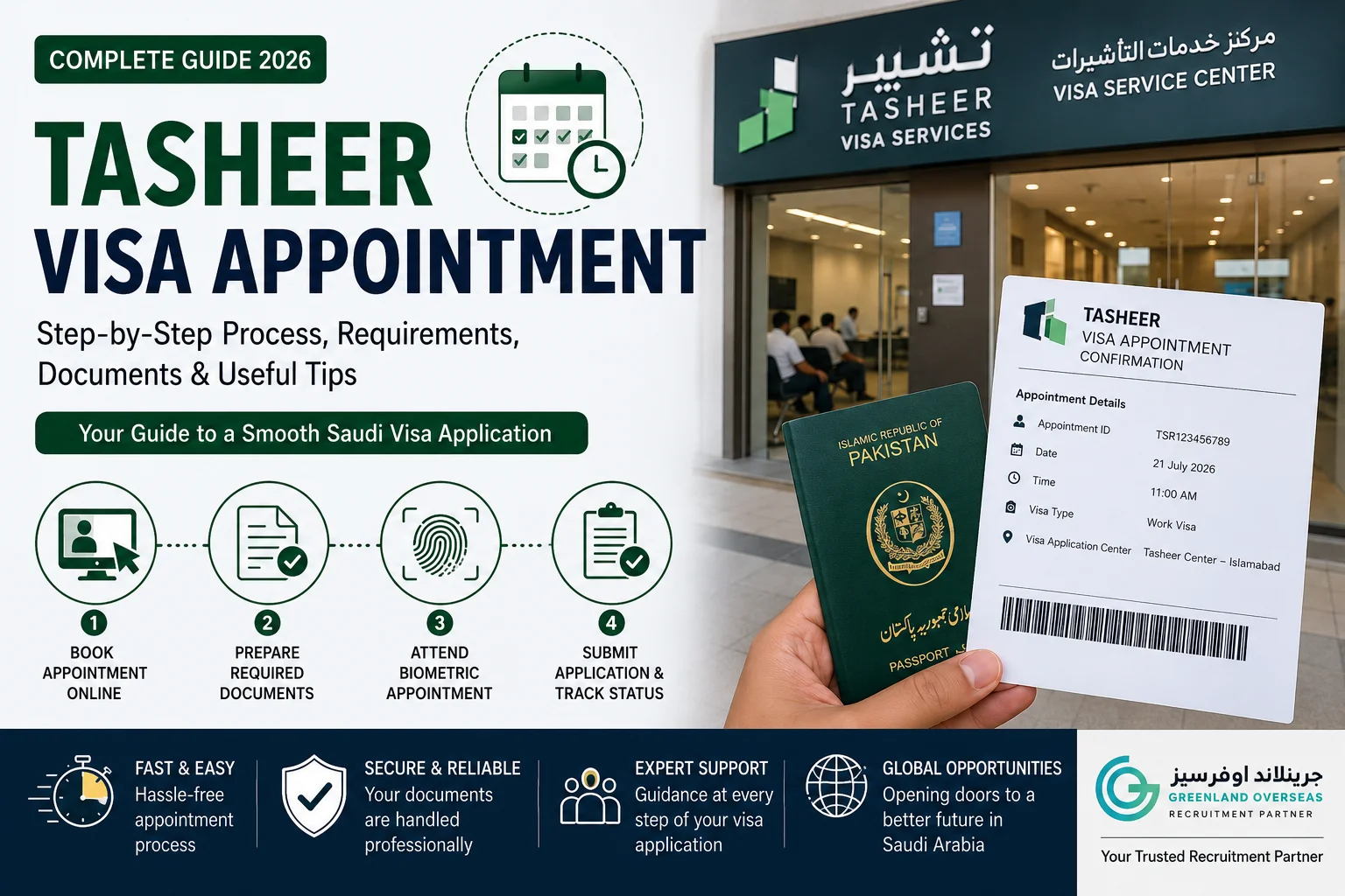 Tasheer visa appointment process showing online booking, document submission, biometric verification, and Saudi visa application steps for applicants from Pakistan.