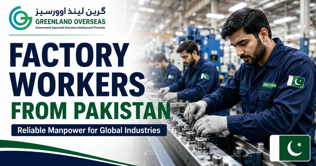 Pakistani factory workers operating machinery and working on a modern manufacturing production line.
