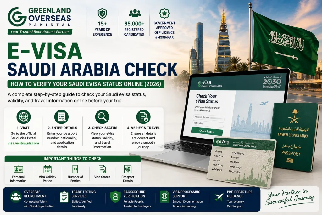 Professional infographic showing how to check Saudi Arabia eVisa status online, featuring the official Saudi eVisa portal, Saudi passport, eVisa document, Riyadh skyline, and Greenland Overseas Pakistan logo.