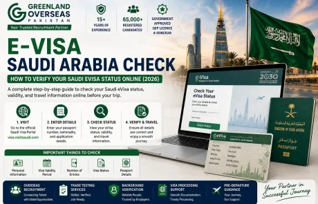 Professional infographic showing how to check Saudi Arabia eVisa status online, featuring the official Saudi eVisa portal, Saudi passport, eVisa document, Riyadh skyline, and Greenland Overseas Pakistan logo.
