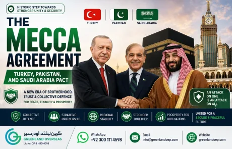 Mecca Agreement between Turkey, Pakistan and Saudi Arabia featuring the three countries' flags, Makkah, and leaders representing the historic defence pact.