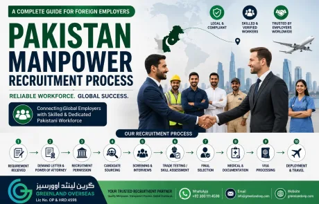 Pakistan manpower recruitment process for foreign employers, showing candidate sourcing, screening, trade testing, visa processing and worker deployment by Greenland Overseas.